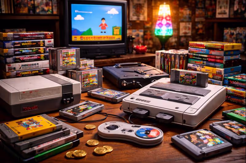 Retro gaming collectibles display