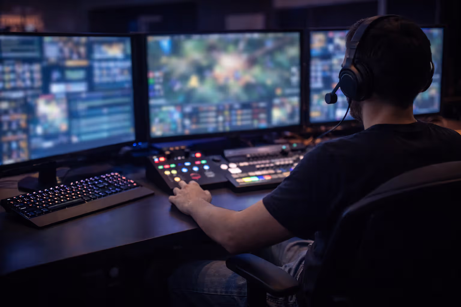 Esports broadcast operator working with multiple screens and production controls