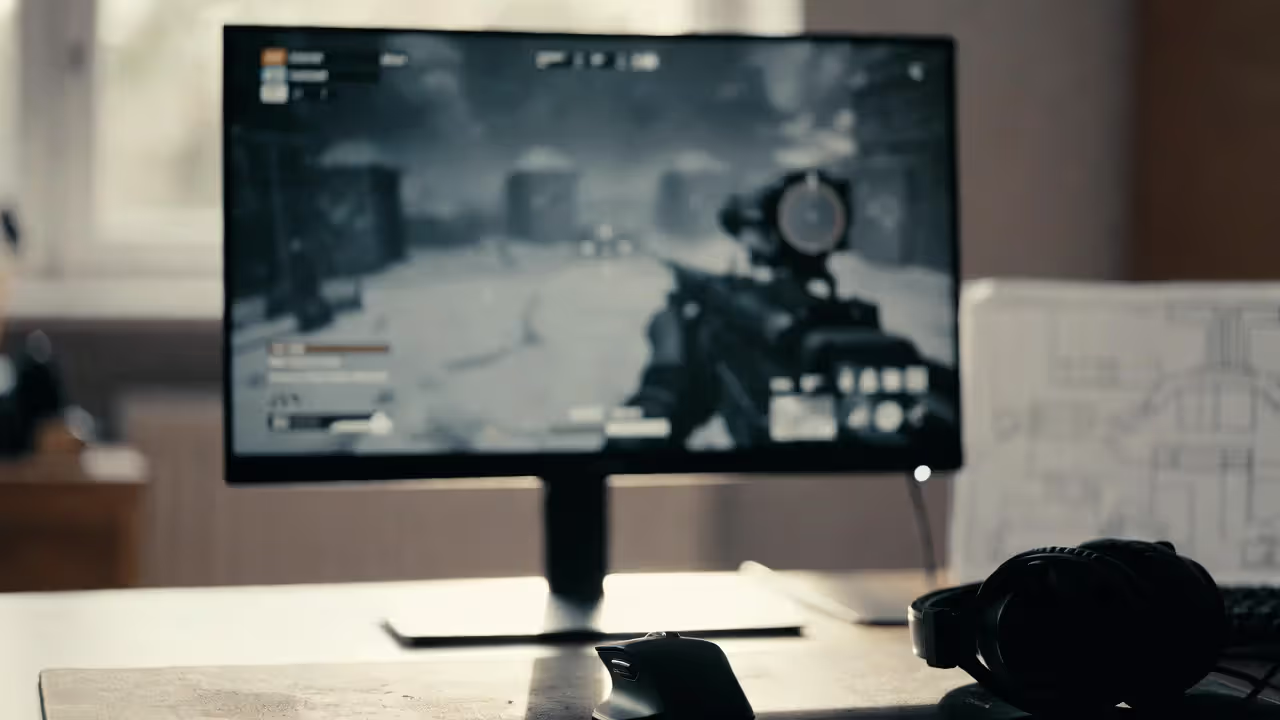 FPS practice setup with a blurred game screen, headset and mouse, and a printed sheet of blurred tactical diagrams.