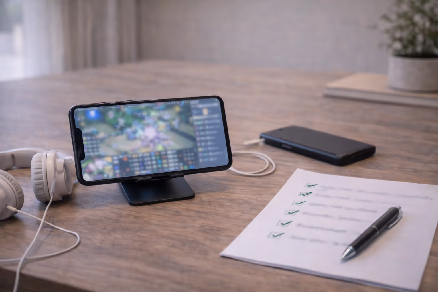 Smartphone on a stand showing a blurred competitive mobile game screen with headset and notes beside it.