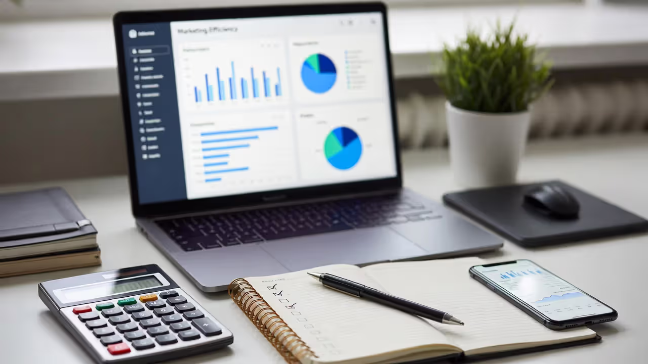 Sponsorship performance analytics with laptop charts and tracking notes