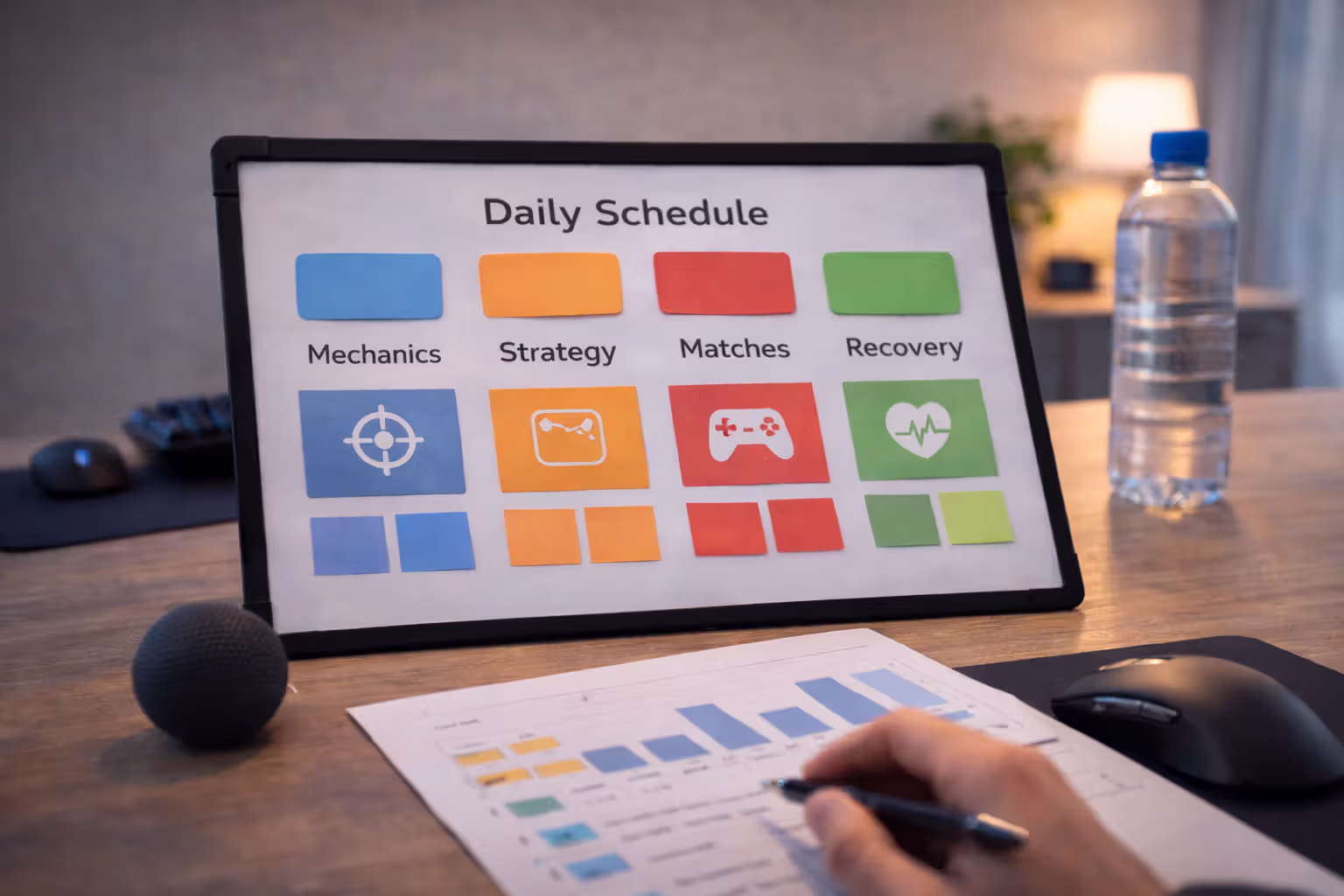 Daily esports practice schedule divided into drills, study, matches, and recovery