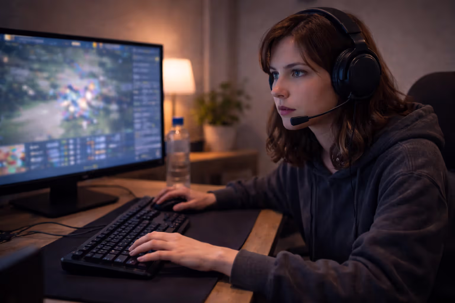 Female gamer communicating in voice chat during a competitive match
