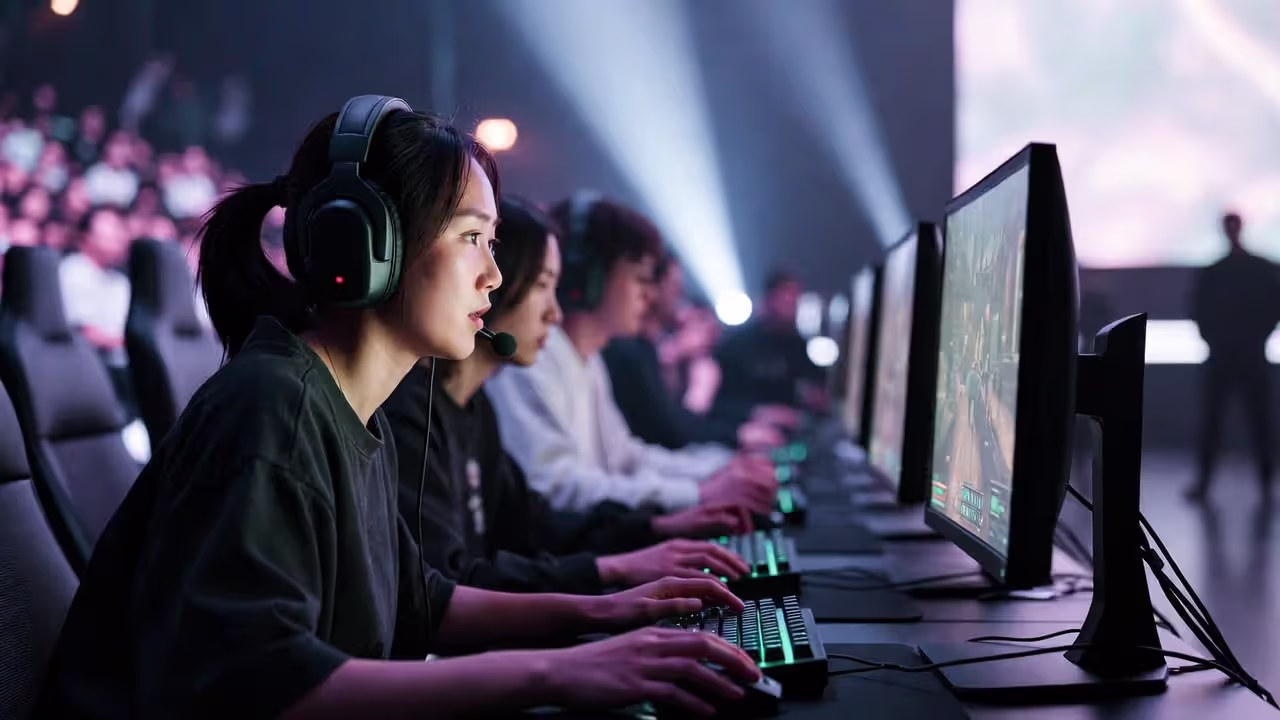 Female esports player competing on a tournament stage