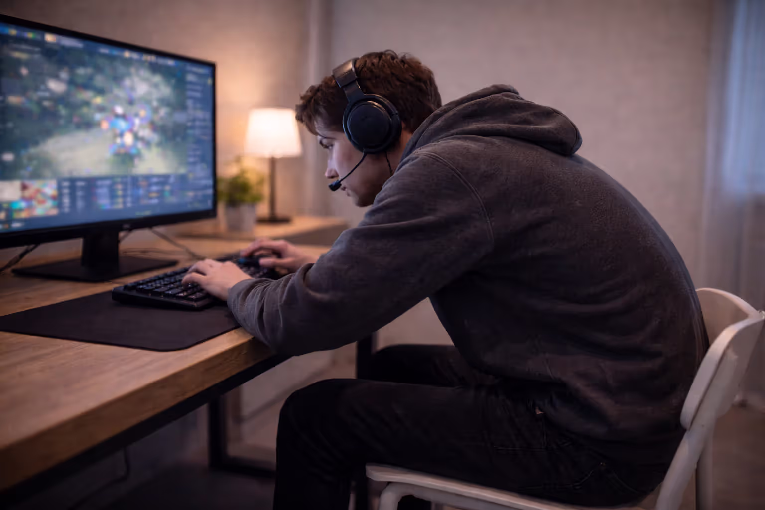 Gamer sitting with poor posture on a basic chair during a gaming session