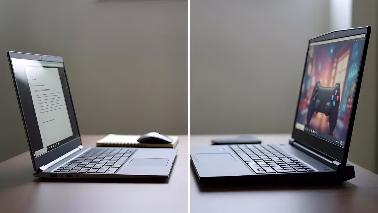 Standard laptop and gaming laptop side by side on a desk