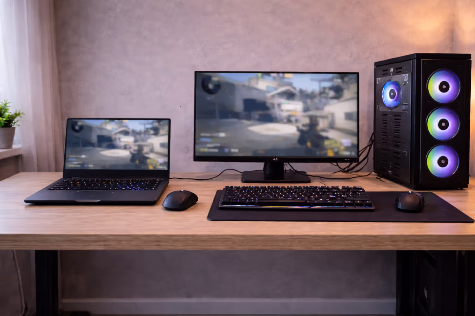 Desktop PC and gaming laptop shown together to illustrate performance trade-offs