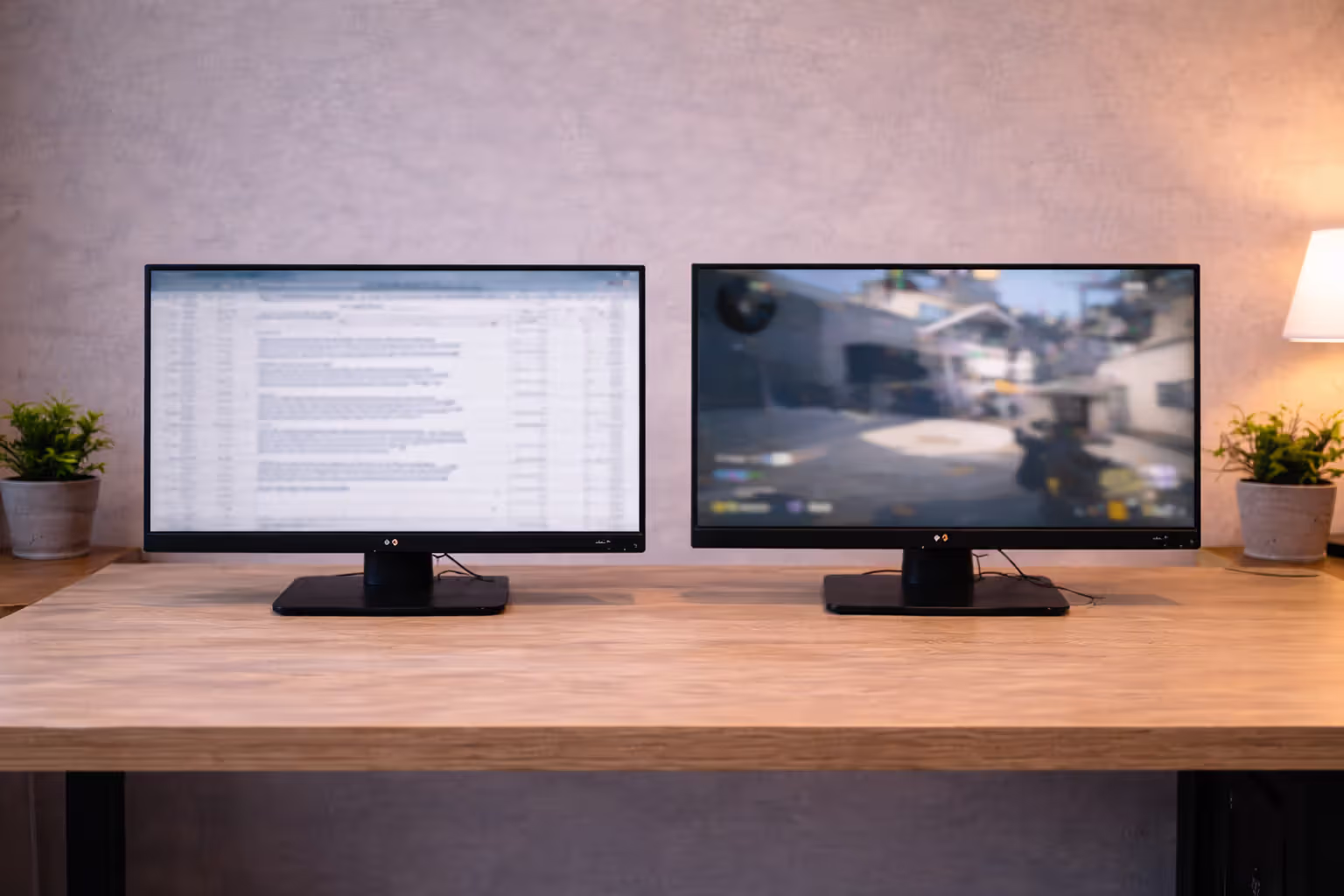 Office monitor and gaming monitor side by side for comparison