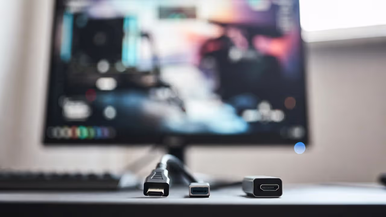 Gaming monitor with DisplayPort and HDMI cables on the desk illustrating connectivity and sync