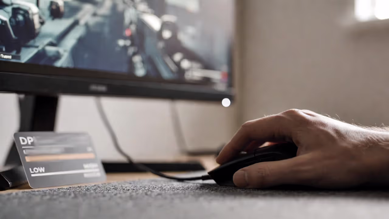 Hand on a gaming mouse with a blurred aim training scene illustrating DPI tuning