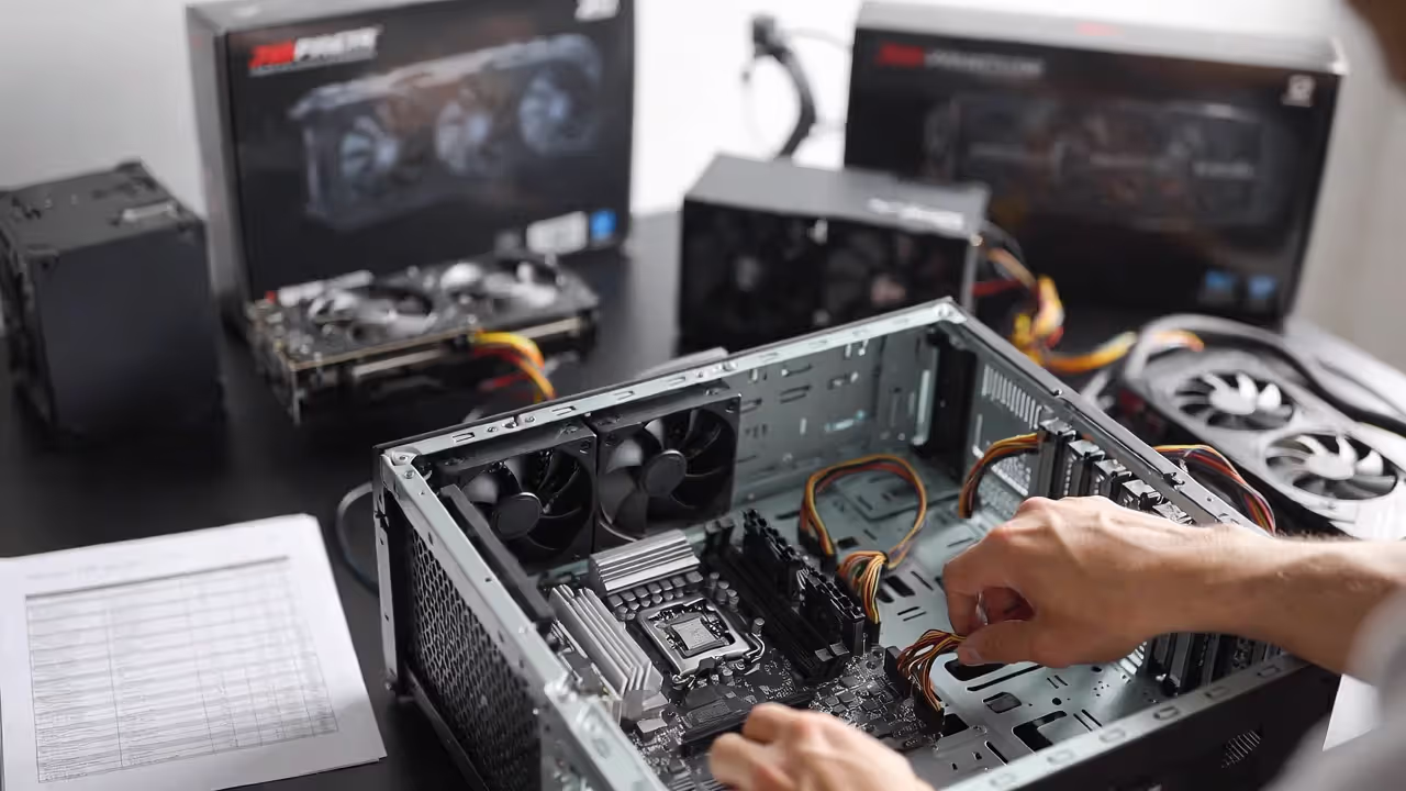 Hands assembling a PC in an open case with a blurred build checklist on the desk