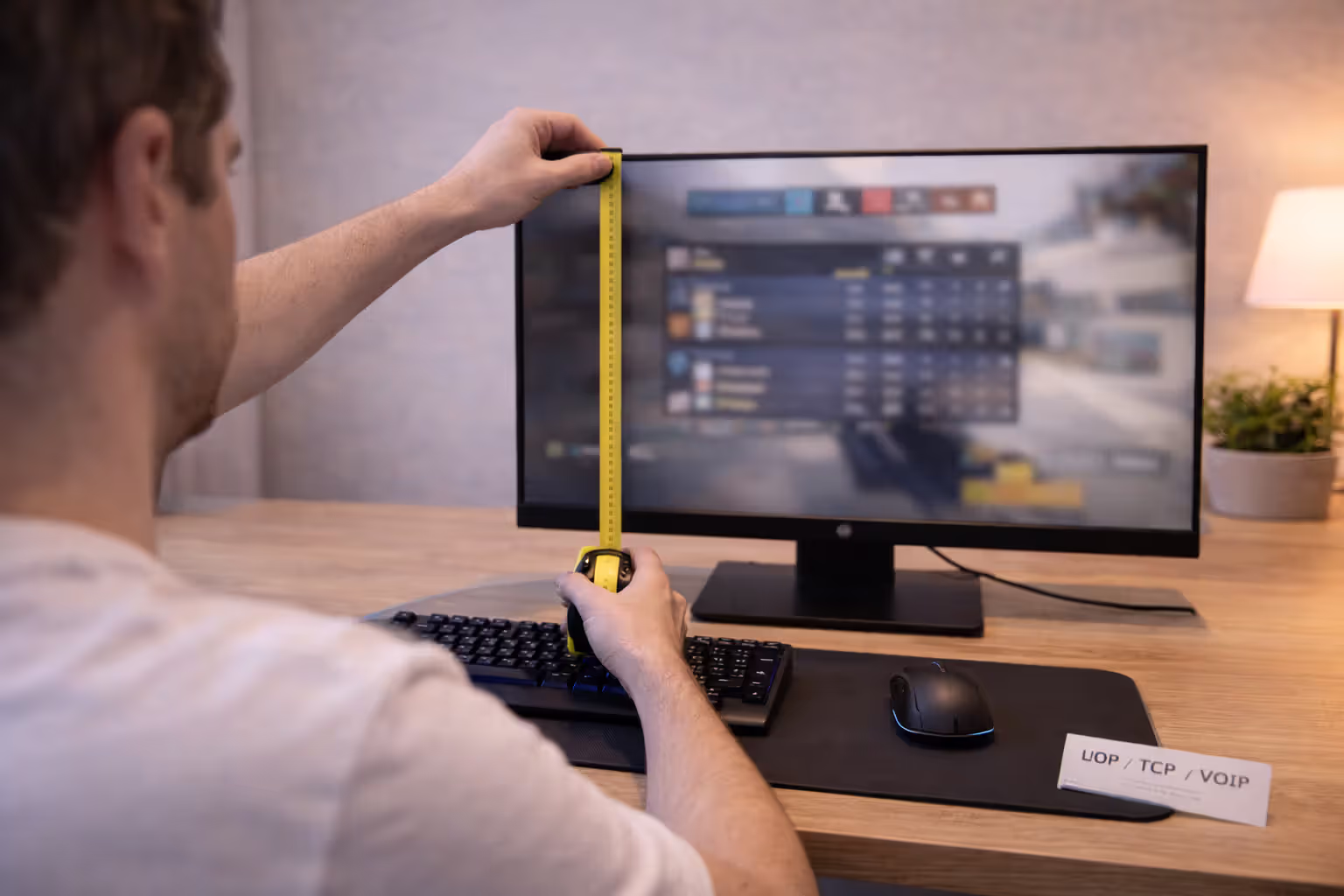 Measuring monitor distance and height at a gaming desk