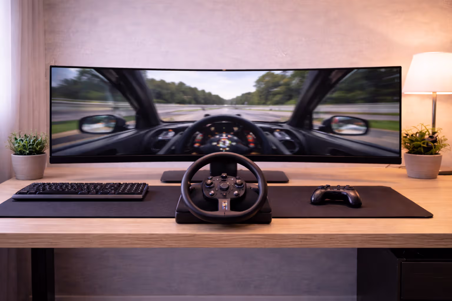 Super ultrawide monitor displaying a racing simulator in wide field of view