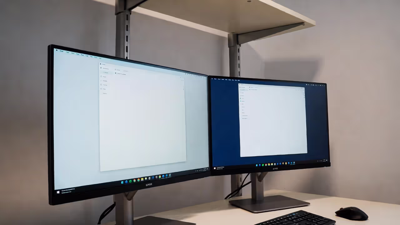 Dual monitor setup with visible bezel gap on a desk