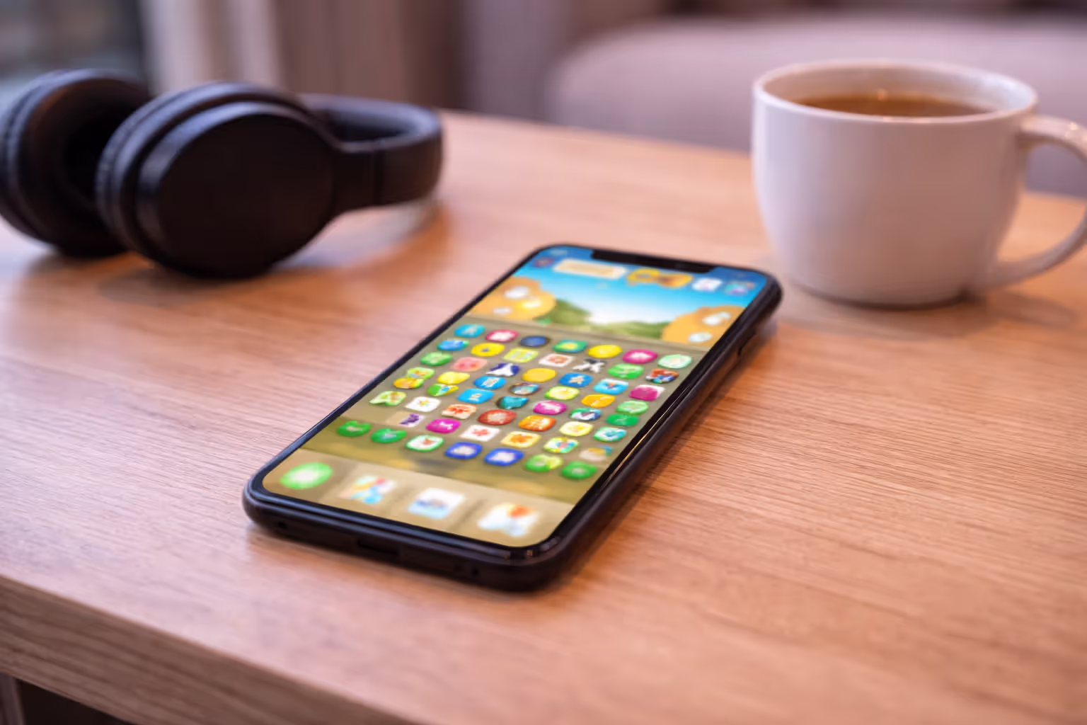 Tablet displaying a colorful match-3 puzzle game on a desk