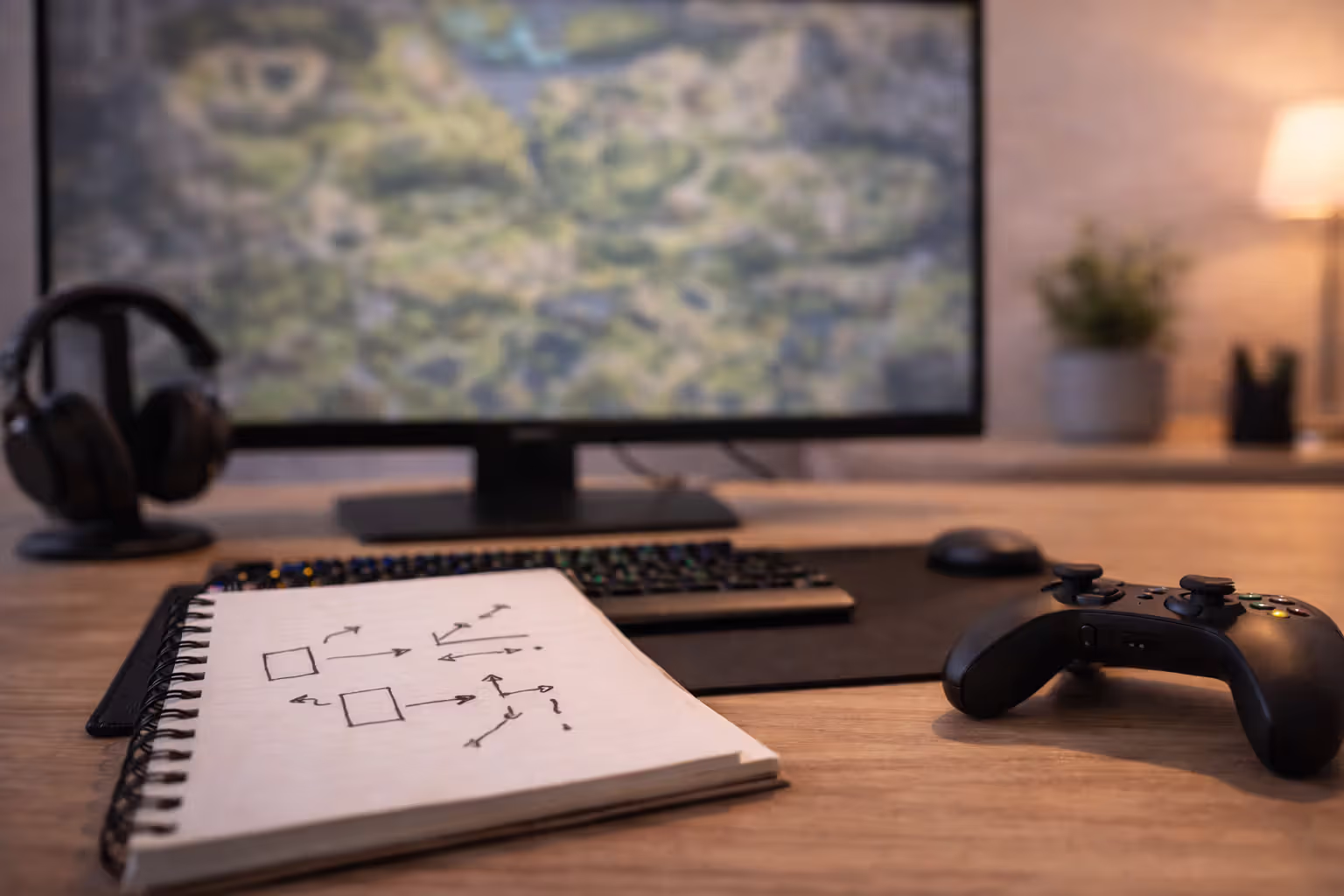 Desk with a notebook of simple sketches and a blurred map on a monitor