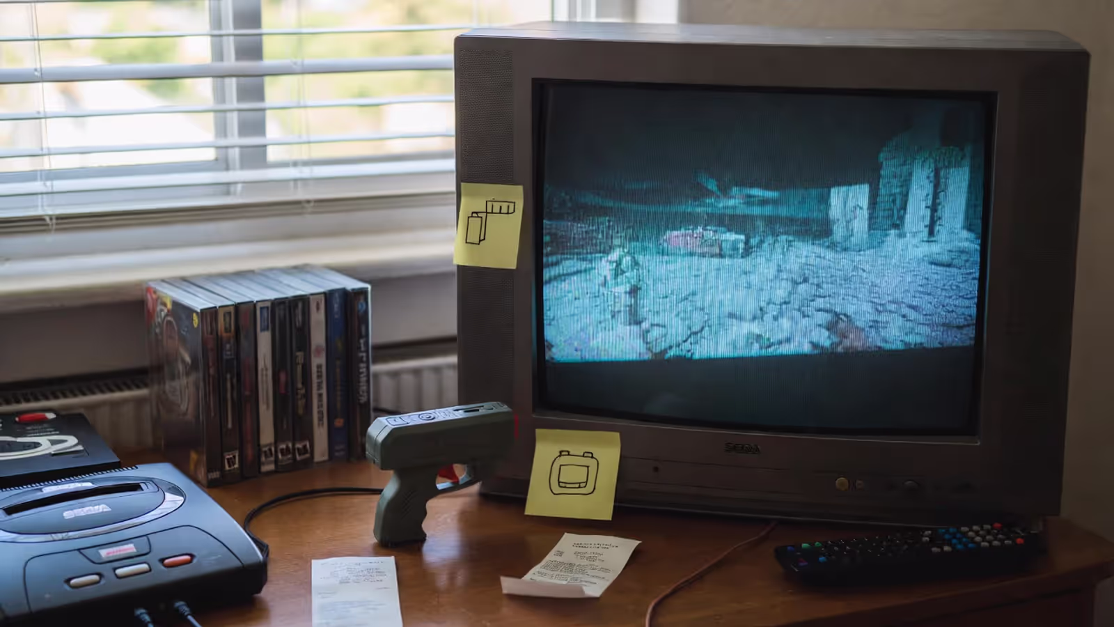 A 90s living room, a CRT glow, and the Genesis era in full swing.