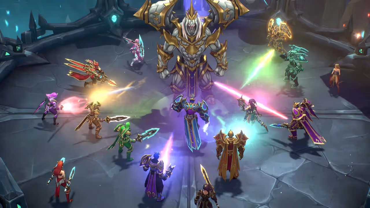 MMO raid group coordinating attacks around a large boss in a shared arena