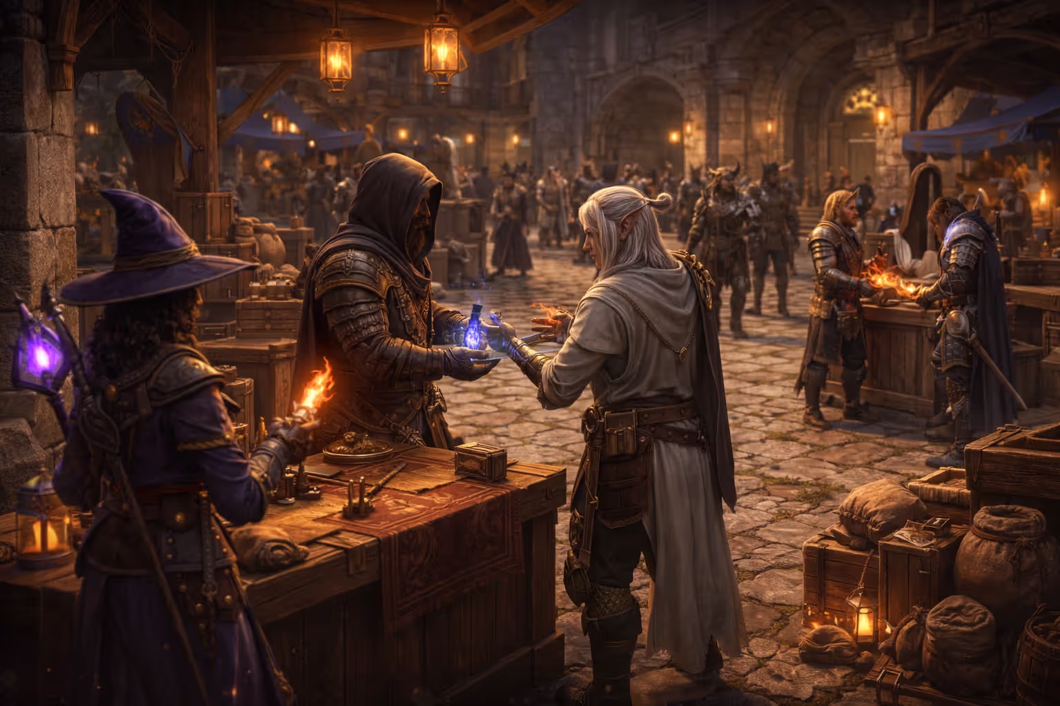 In-game marketplace area with players trading items near an auction hall counter