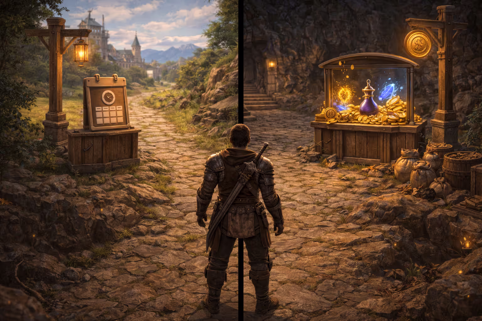 Player character choosing between a calendar-themed stand and a shop display representing MMO payment options