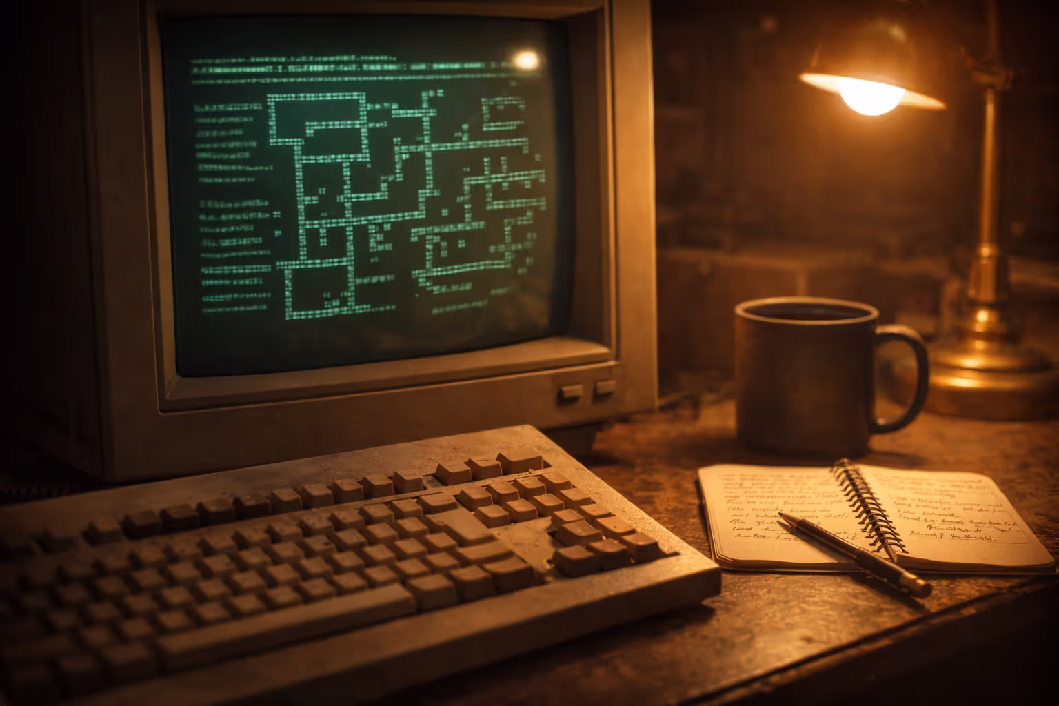 Vintage computer terminal showing a blurred ASCII dungeon screen with keyboard and notes