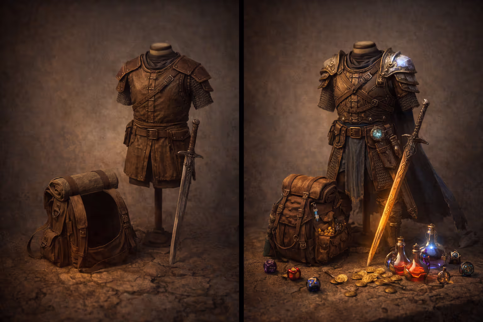 Side-by-side comparison of a fresh run with basic gear versus a run with persistent upgrades