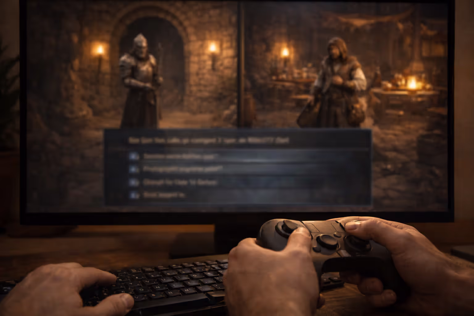 Player at a screen with a blurred dialogue choice menu and multiple response options