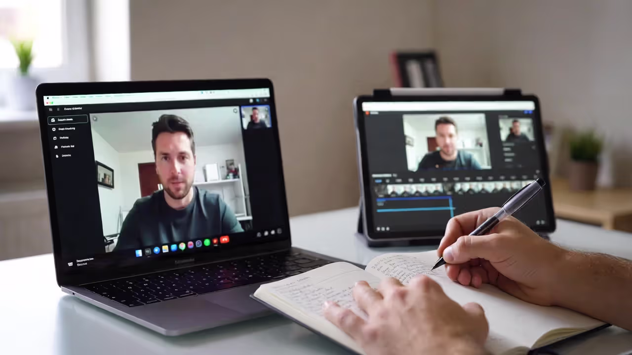 Laptop showing a blurred coaching call and VOD timeline while notes are being taken on a desk.