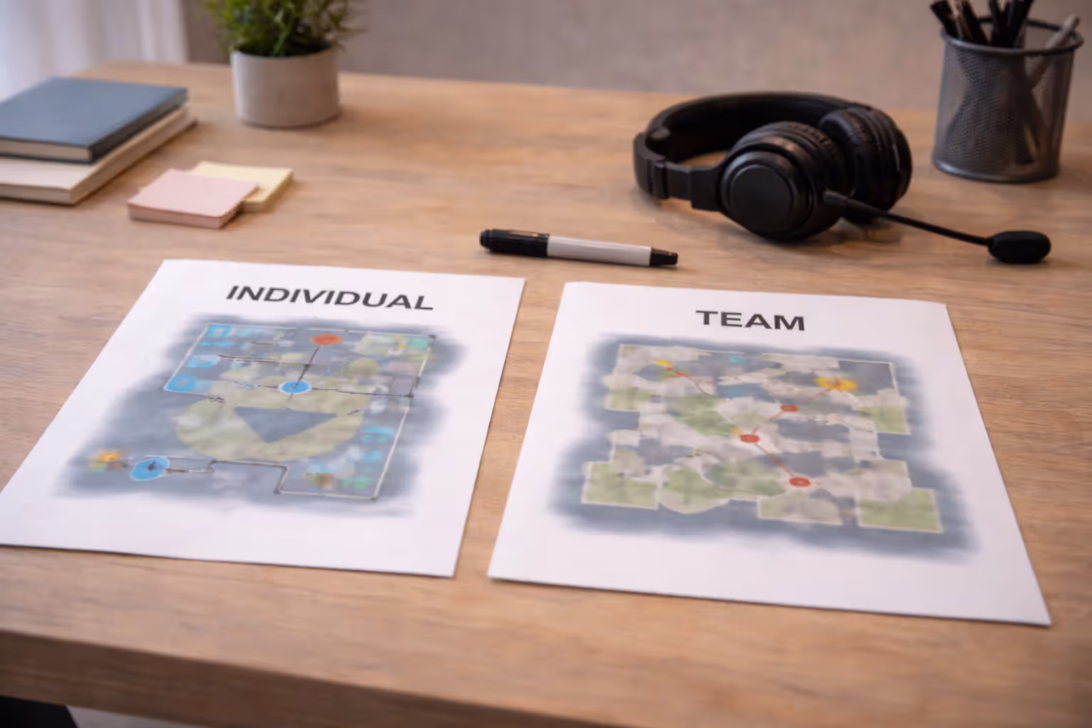 Two blurred training sheets on a desk showing individual drills versus team strategy planning materials.