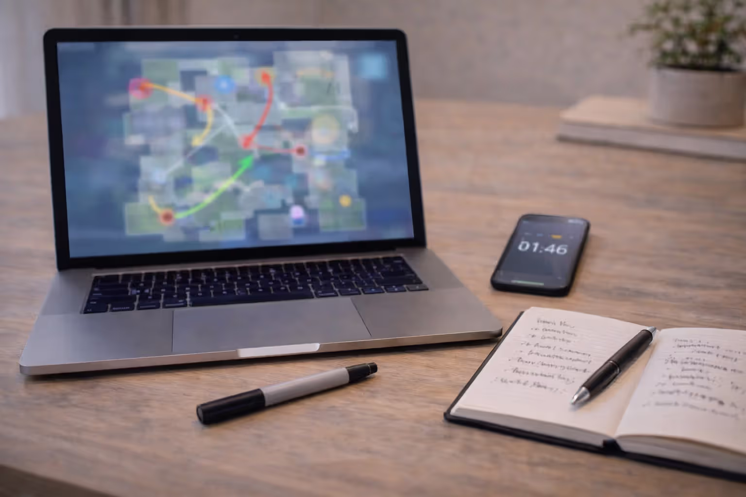Blurred game map review on a screen with a timer and handwritten performance notes on a desk.