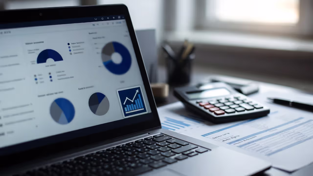 Laptop with a blurred revenue dashboard beside printed categories and a calculator on a desk.
