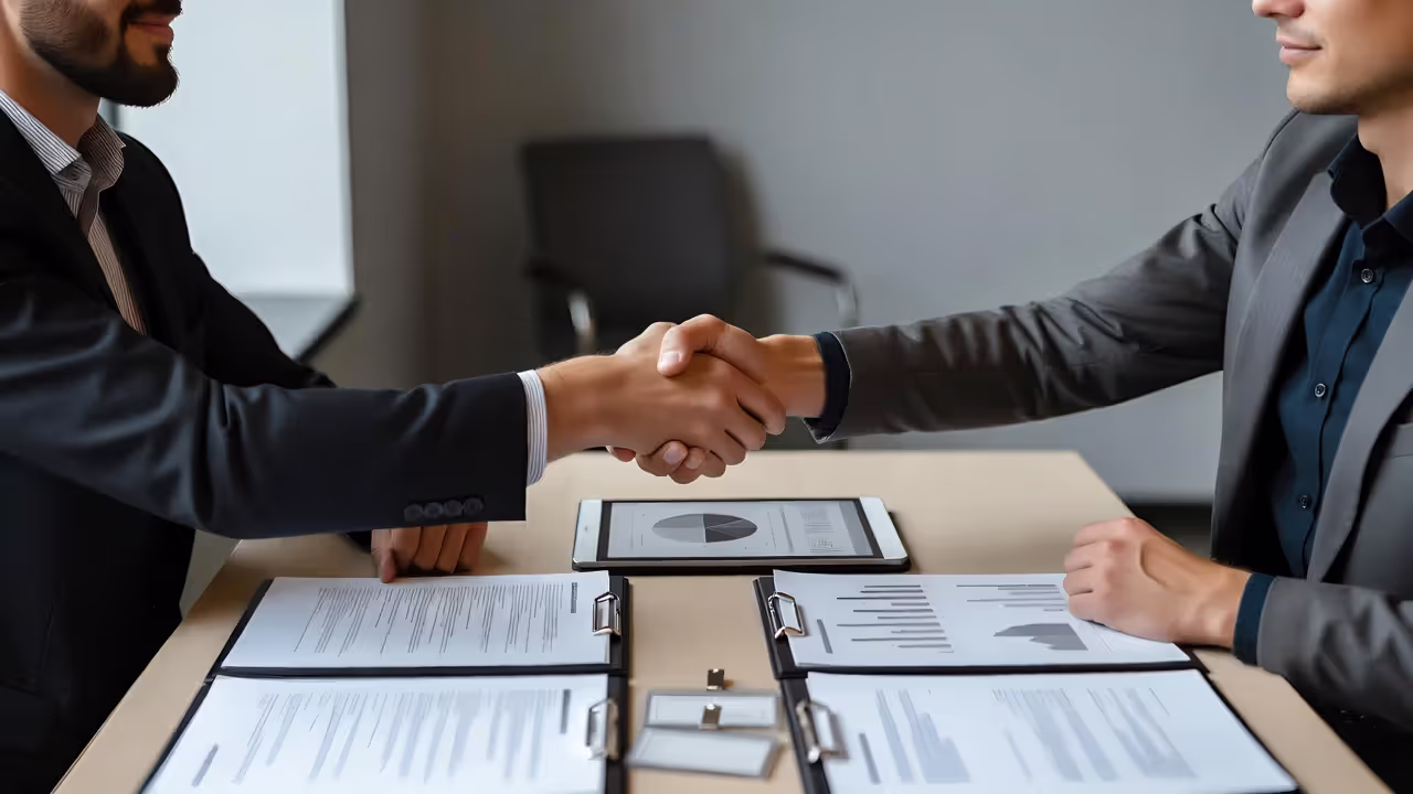 Two people shaking hands over blurred sponsorship contracts and a tablet with a blurred media plan.