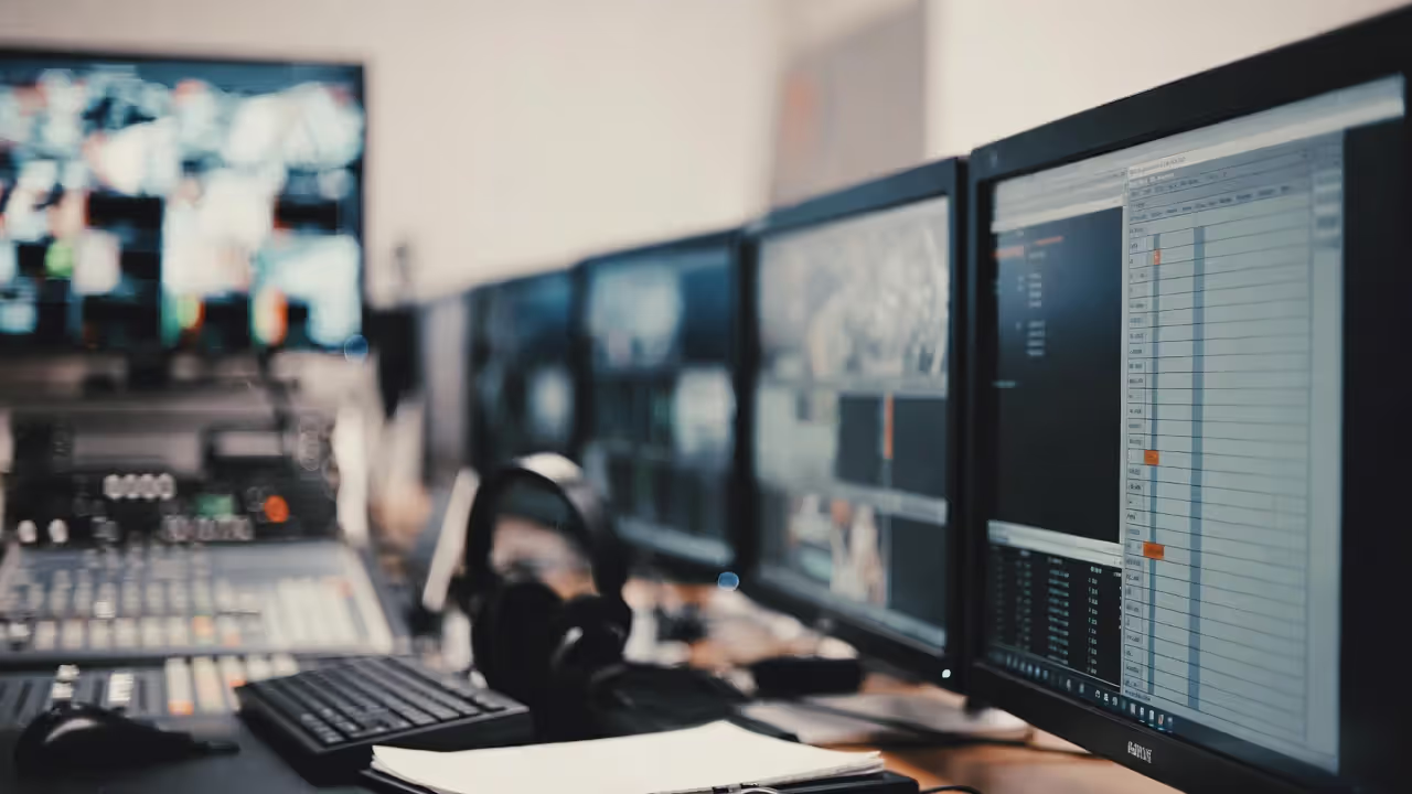 Broadcast control room monitors showing a blurred esports stream with a mixer and notes.