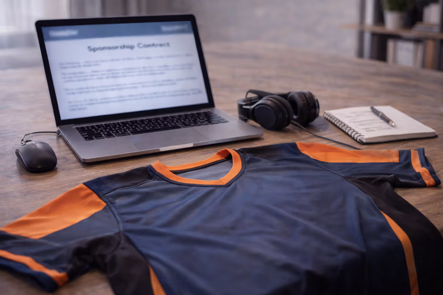 Esports sponsorship setup with jersey, gaming gear and blurred contract