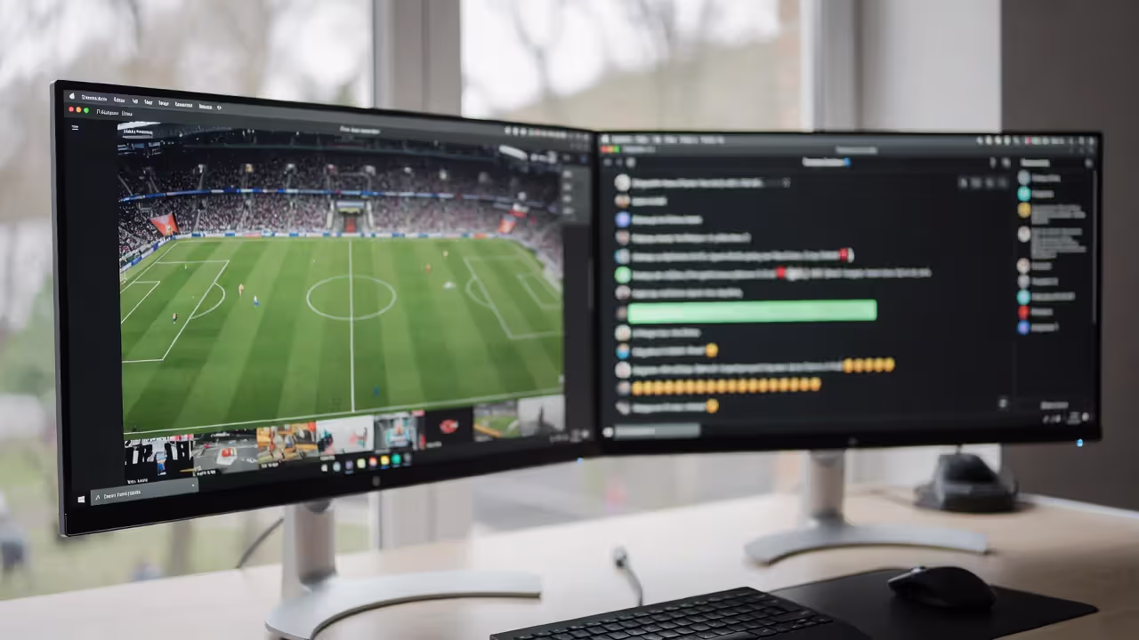 Two-screen esports viewing with main broadcast, player POV, and blurred live chat