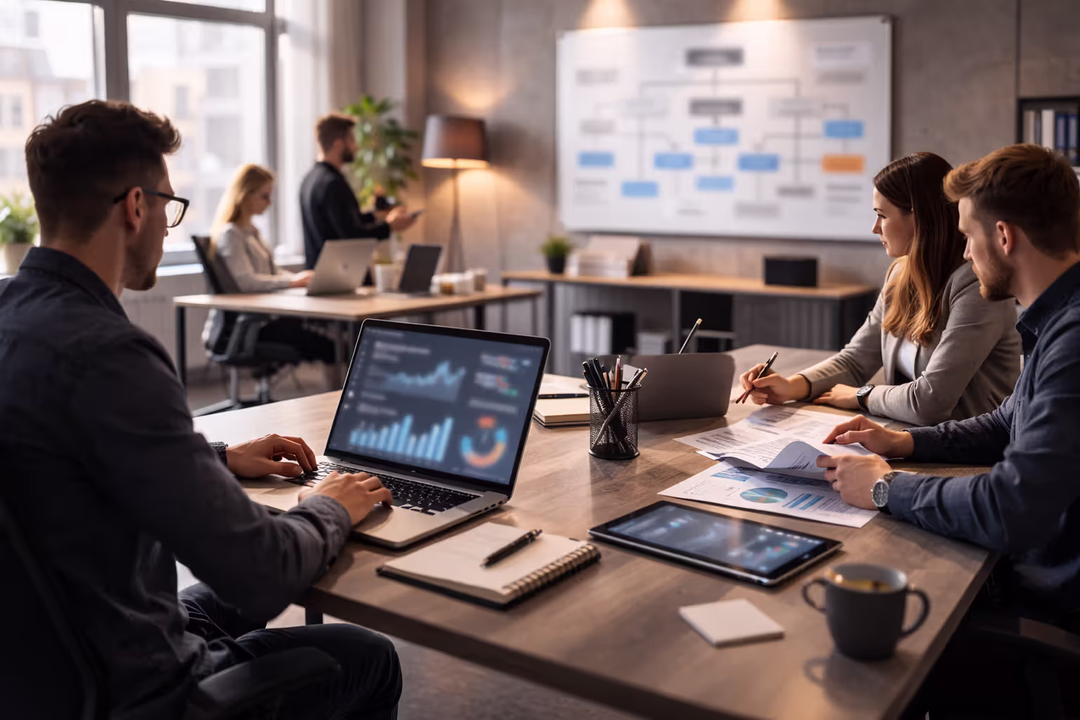Staff working in an esports organization office with team structure planning
