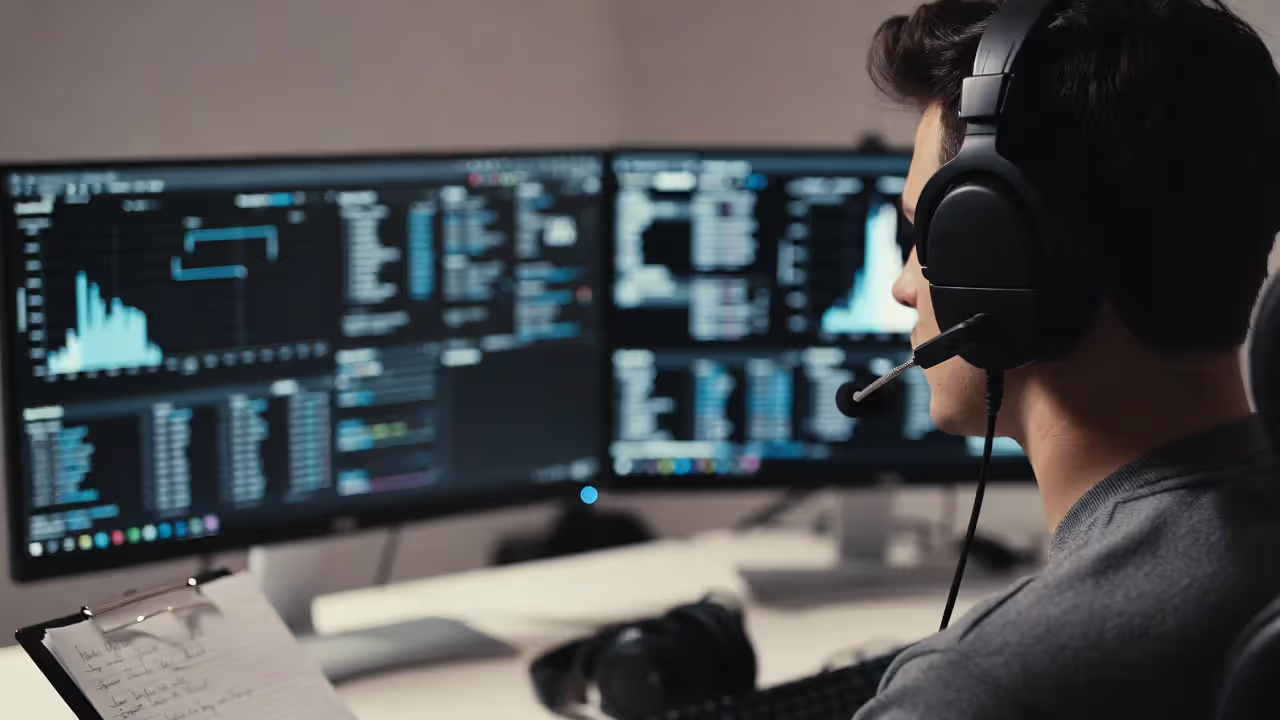 Esports analyst reviewing match statistics on multiple monitors