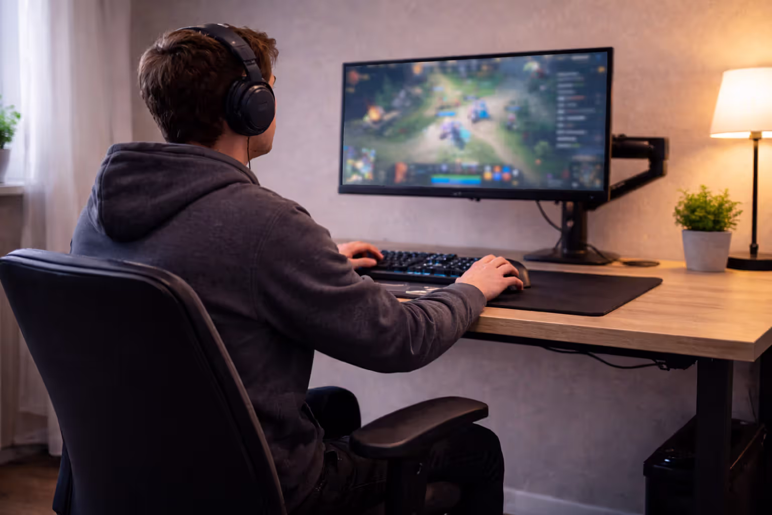 Ergonomic gaming posture with monitor centered at eye level and relaxed arms