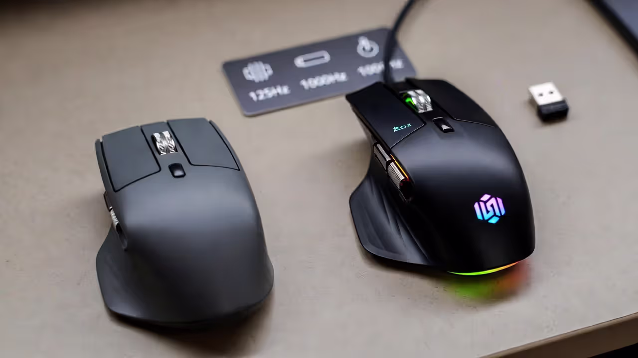 Office mouse and gaming mouse side by side showing a performance comparison