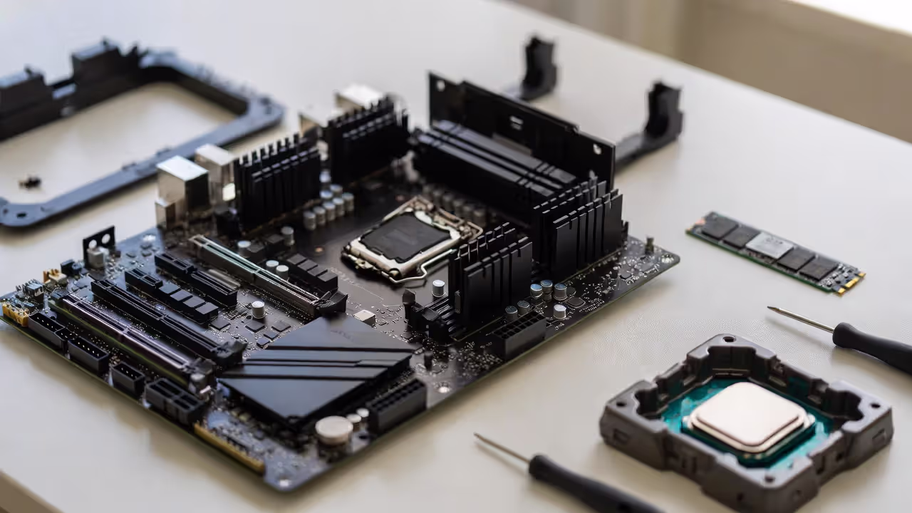 Motherboard with RAM and NVMe SSD laid out on a desk for a PC build