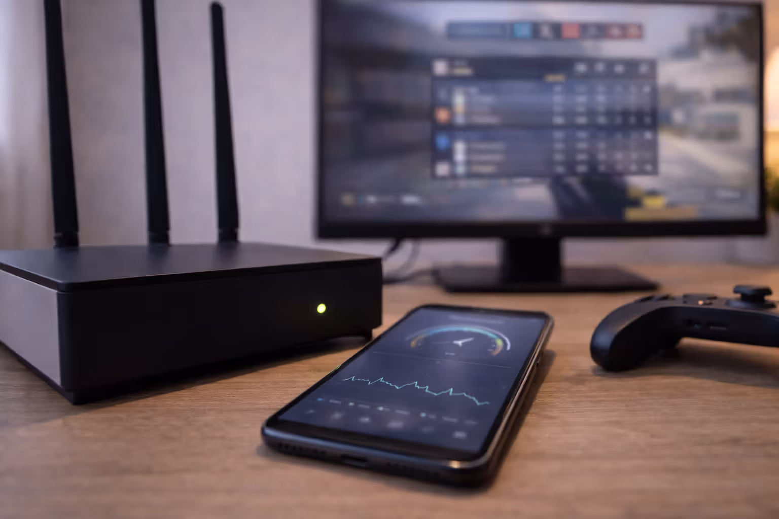 Router and phone showing a blurred latency test next to a gaming screen