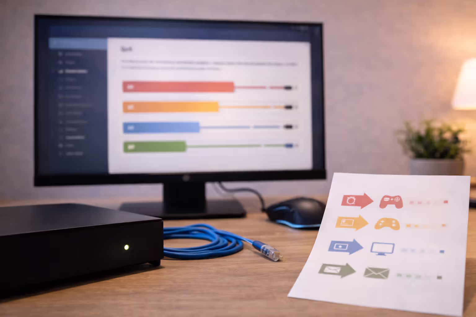 Router QoS dashboard on a monitor with blurred priority controls