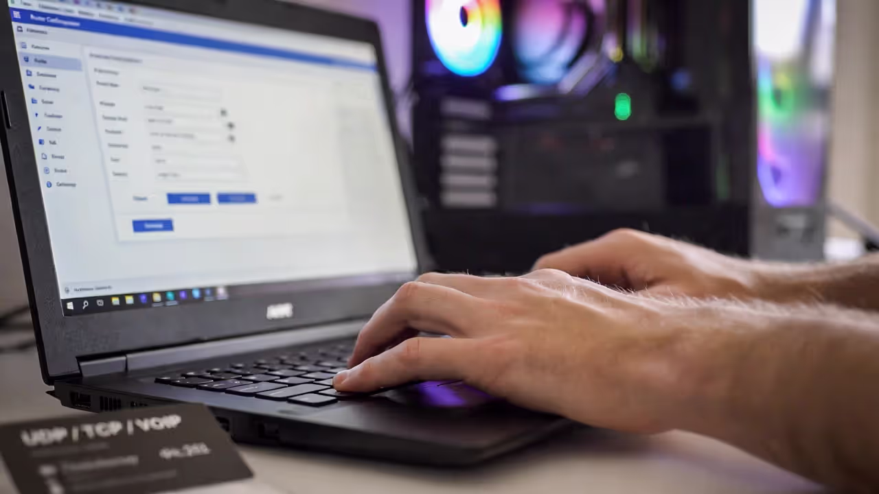 Hands configuring QoS rules on a laptop with gaming gear in the background