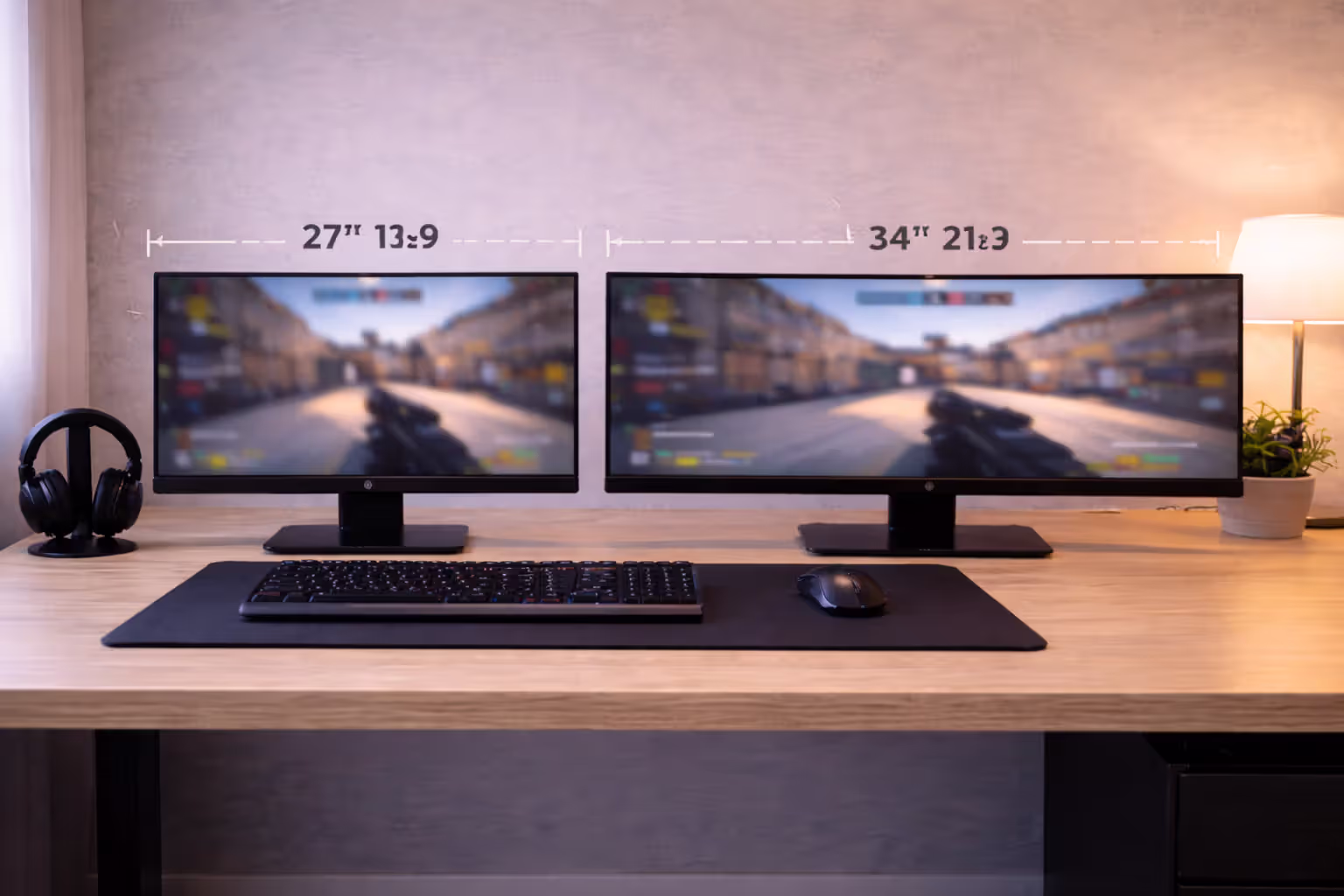 Side-by-side comparison of standard 16:9 and ultrawide 21:9 monitors