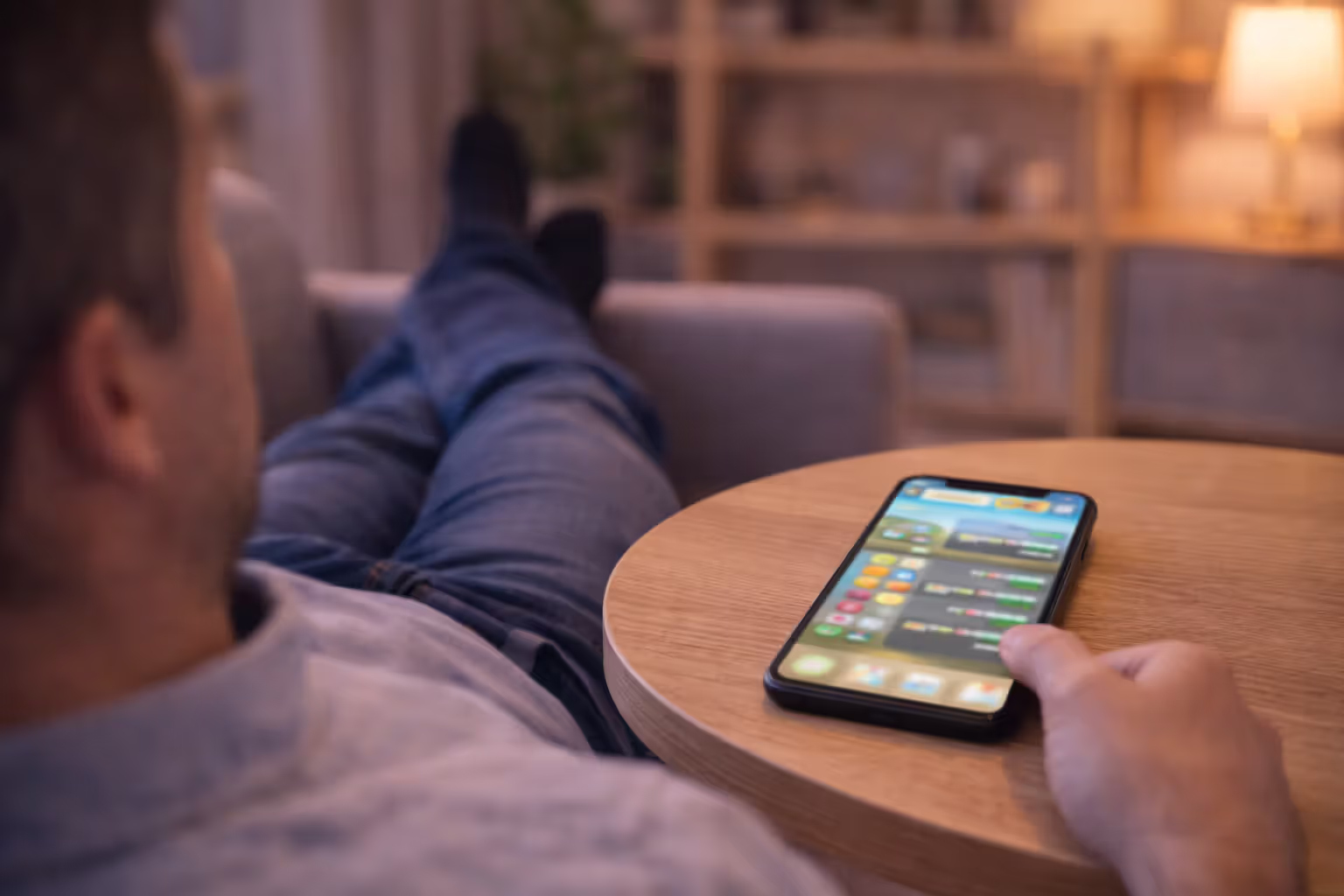 Smartphone with an idle game running while the user relaxes on a couch