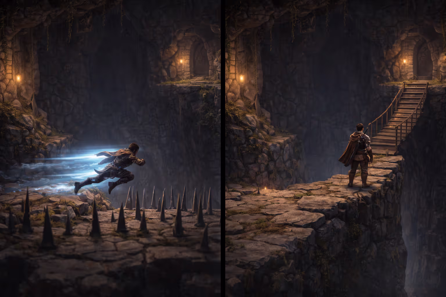 Character dashing across spikes to reach a new platform in a metroidvania environment