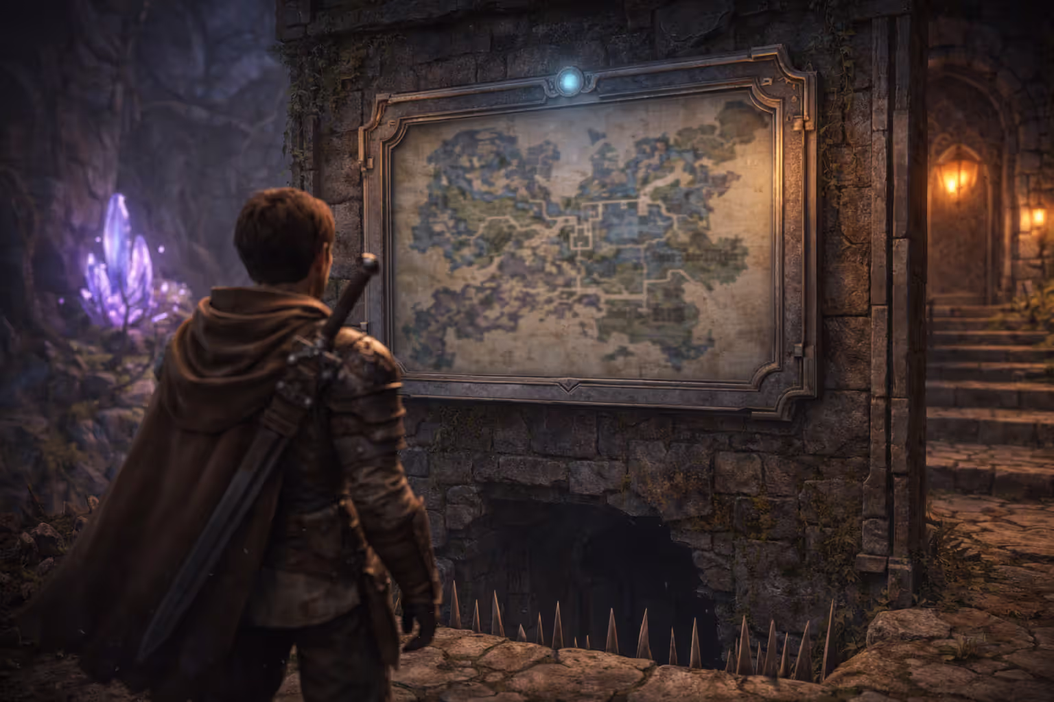 Character at a map station with a blurred area map and distinct zone visuals