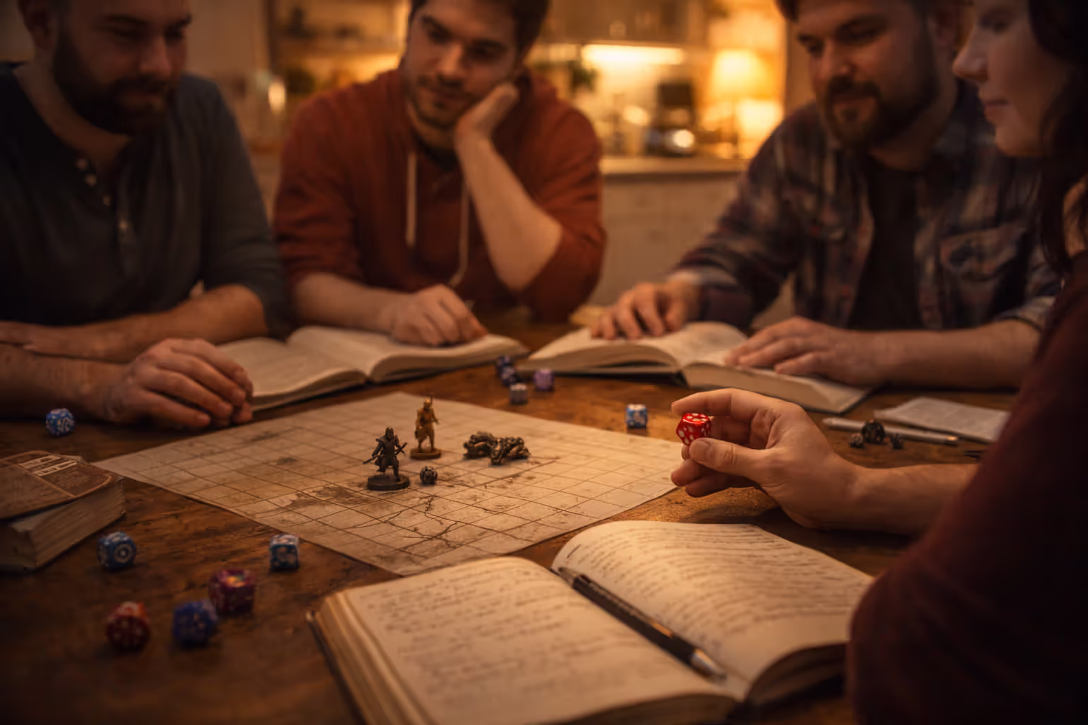 Tabletop RPG session with players, dice, minis, and a blurred map on the table
