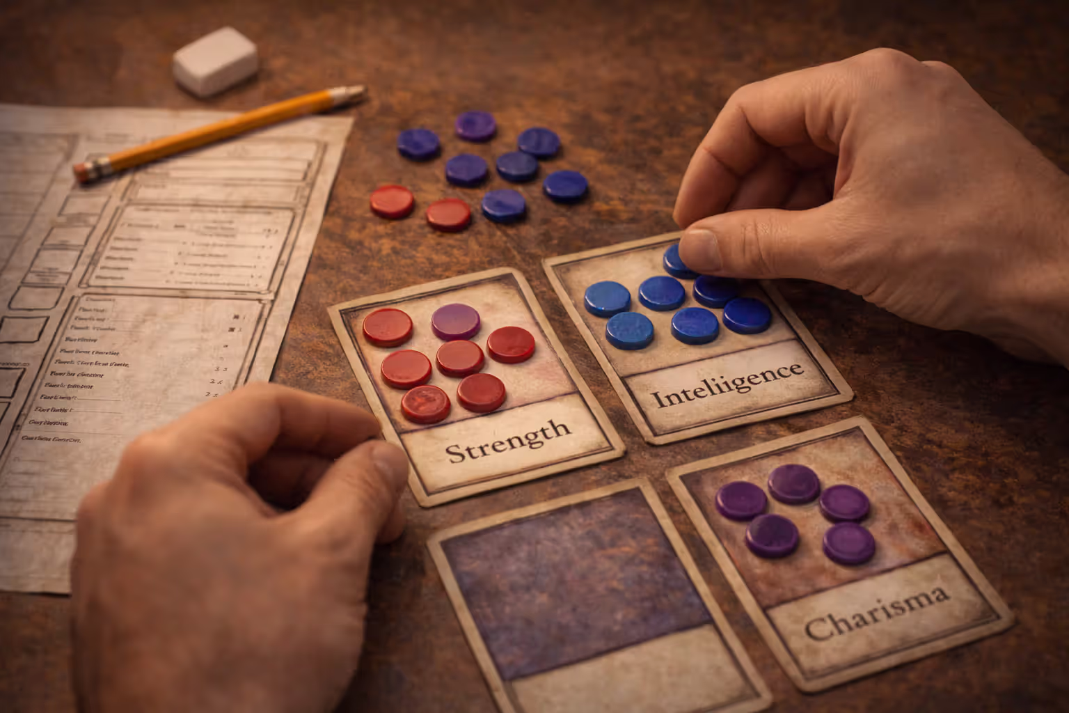 Hands assigning tokens to RPG attributes on a character sheet with blurred details