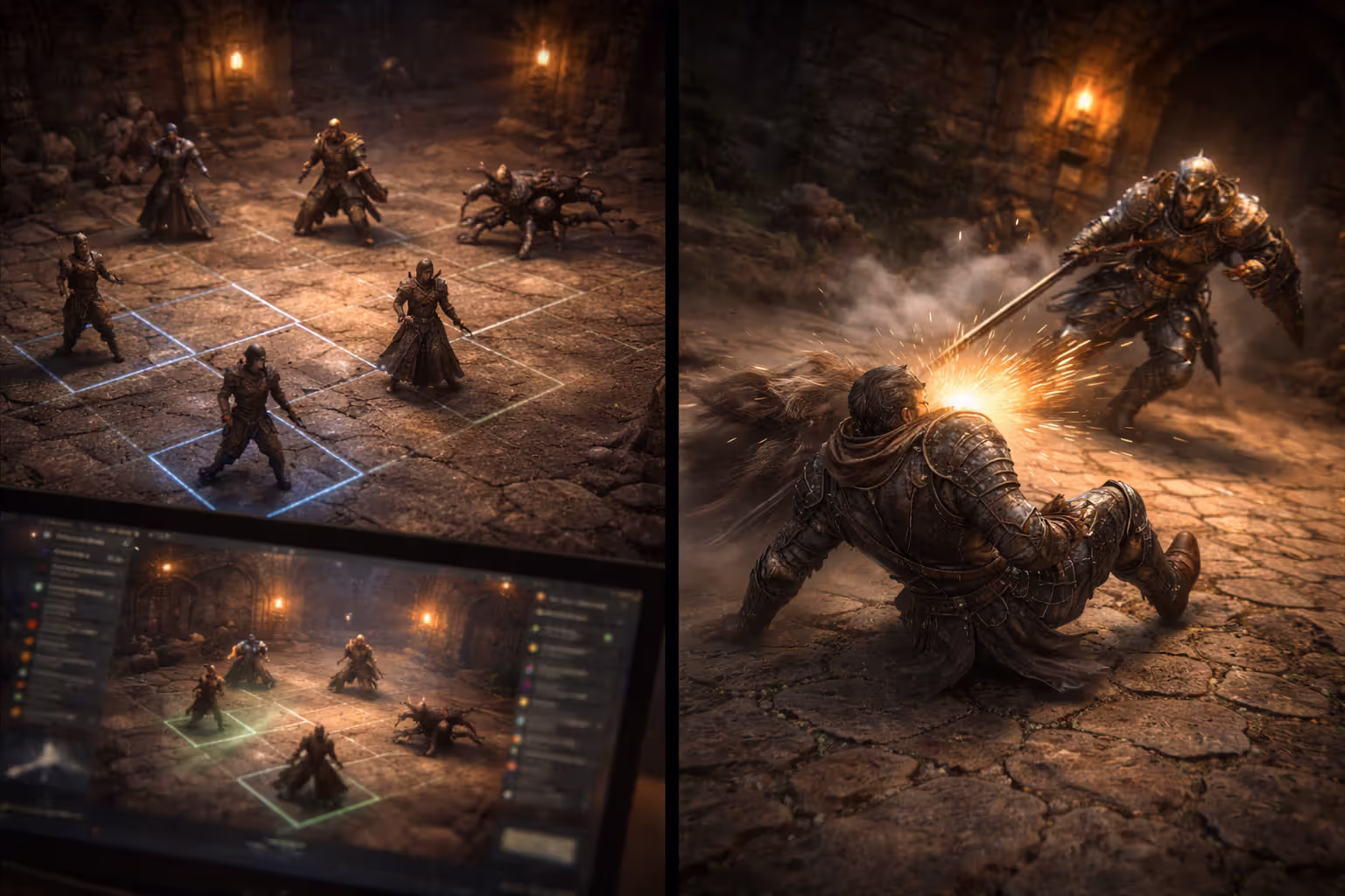 Split scene comparing turn-based tactics on a grid and real-time dodging combat